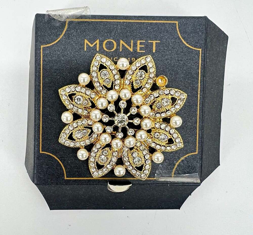 Monet Gold Tone Faux Pearl Rhinestone Floral Statement Brooch Pin 2.5”